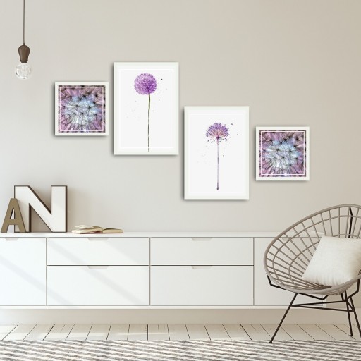 Set 4 tablouri decorative, Alpha Wall, Pink Dandelion, 30x30/35x50 cm