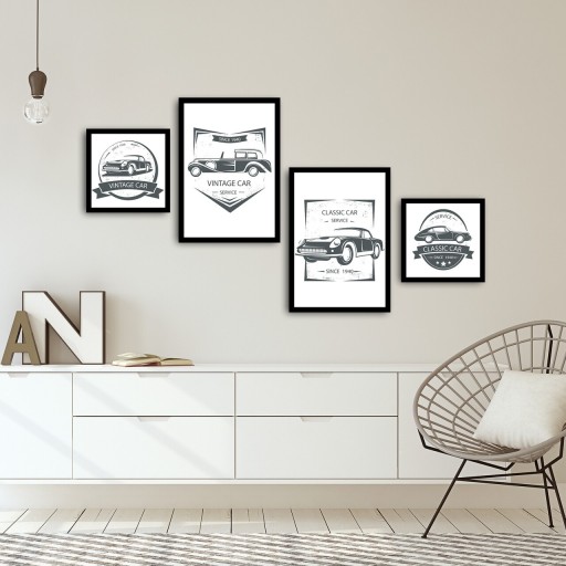 Set 4 tablouri decorative, Alpha Wall, Vintage Car, 30x30/35x50 cm