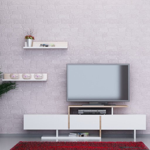 Comoda TV cu 2 rafturi Ekol, Decorotika, 164x30x40 cm, alb/bej