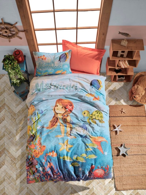 Lenjerie de pat pentru o persoana Young, 3 piese, 160x220 cm, 100% bumbac ranforce, Cotton Box, Mermaid, coral