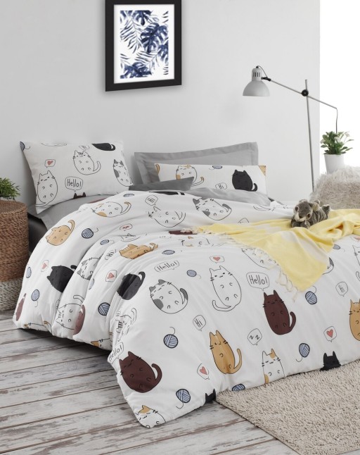 Lenjerie de pat dubla king size, Eponj Home, Hello Cats 143EPJ41906, 3 piese, amestec bumbac, multicolor