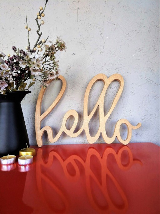 Decoratiune de perete, Hello, 42x1.8x30 cm, Placaj , Maro