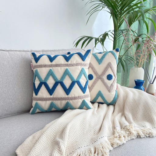 Husa de perna, Bethany Tassel Punch Pillow Cover, 43x43 cm, Material: 20% in, 80% poliester, Turcoaz / Gri / Bleumarin