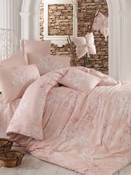 Lenjerie de pat dubla (EU) (IT), Elena - Pink, Pearl Home, Bumbac Ranforce