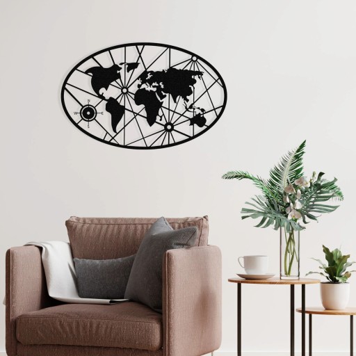 Decoratiune de perete, World Map Small, metal, 70 x 45 cm, negru