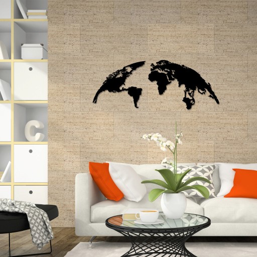 Decoratiune de perete, World Map Large Metal Decor, metal, 150 x 59 cm, negru