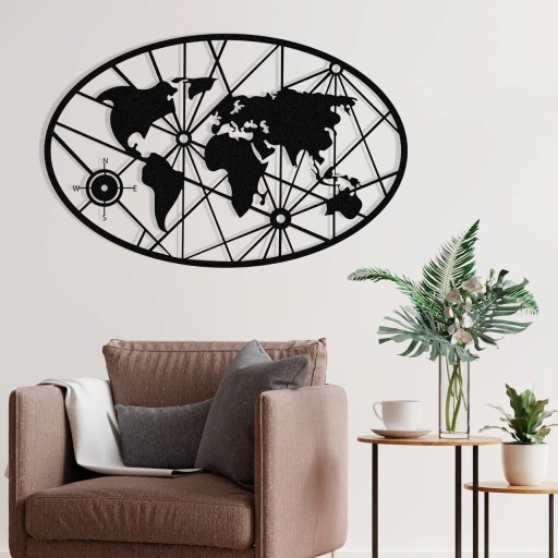 Decoratiune de perete, World Map Mediun, Metal, 100 x 64 cm, Negru