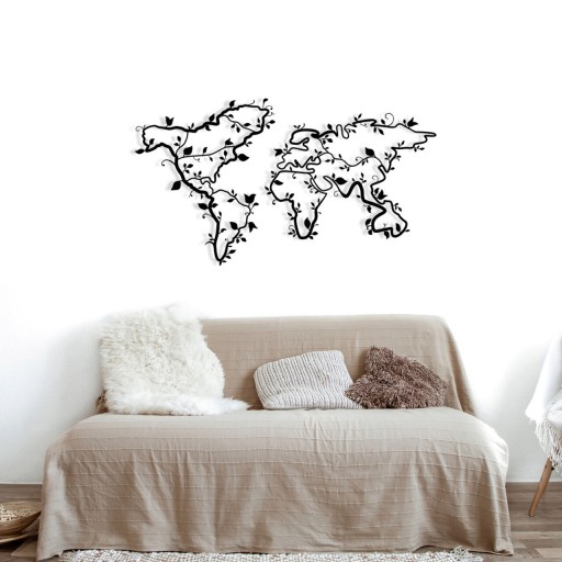 Decoratiune de perete, World Map 12, Metal, Dimensiune: 135 x 75 cm, Negru