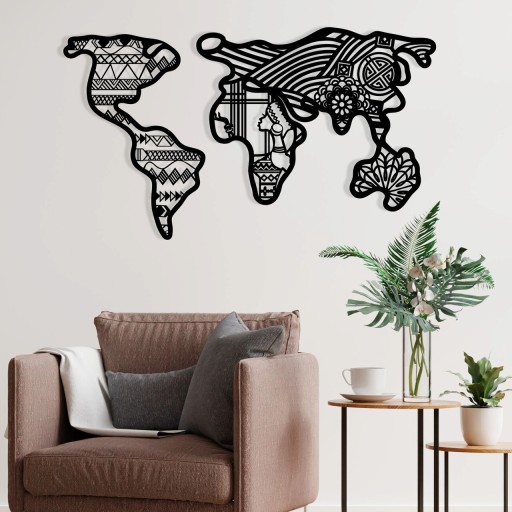 Decoratiune de perete, World Map 7, metal, 135 x 77 cm, negru