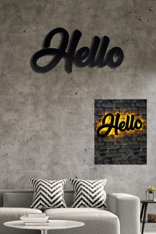 Decoratiune luminoasa LED, Hello, MDF, 60 LED-uri, Galben