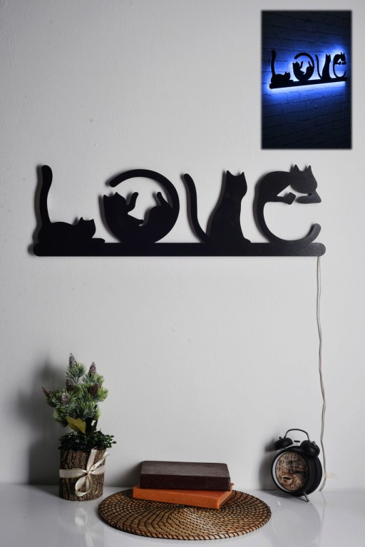 Decoratiune luminoasa LED, Cat Love, MDF, 60 LED-uri, Albastru