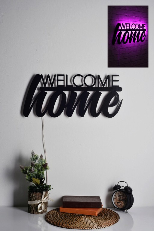 Decoratiune luminoasa LED, Welcome Home, MDF, 60 LED-uri, Roz