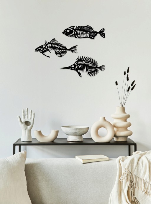 Decoratiune de perete, Fishes 3, Metal, 35 x 20 cm, 3 piese, Negru