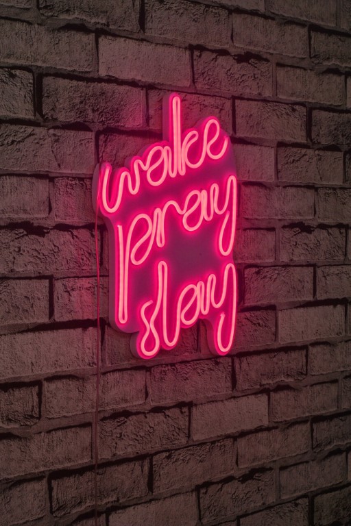 Decoratiune luminoasa LED, Wake Pray Slay, Benzi flexibile de neon, DC 12 V, Roz