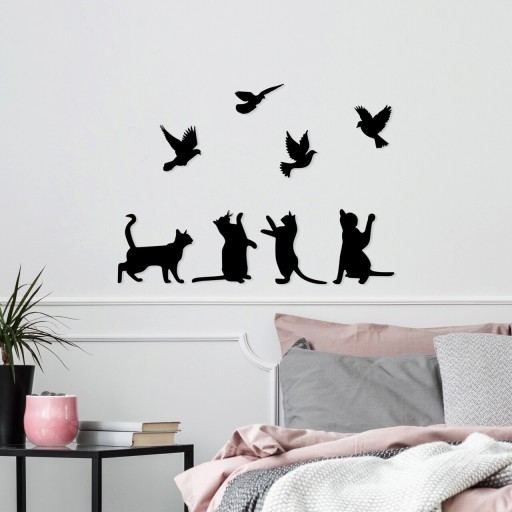 Decoratiune de perete, Birds Playing With Cats , Metal, Dimensiune: 110 x 79 cm, Negru