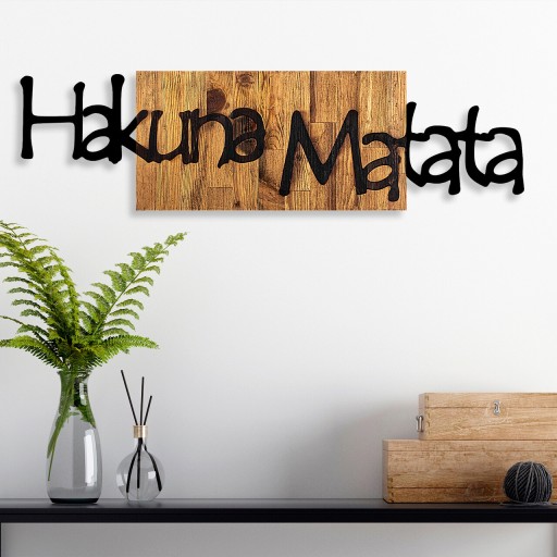 Decoratiune de perete, Hakuna Matata 4 , Lemn/metal, Dimensiune: 108 x 3 x 30 cm, Negru / Nuc deschis