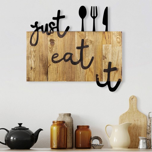 Decoratiune de perete, Just Eat It, Metal/lemn, Dimensiune: 58 x 3 x 52 cm, Nuc / Negru