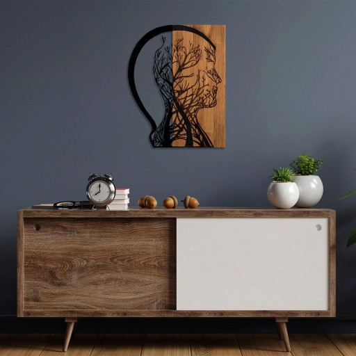 Decoratiune de perete, Tree Man, 50% lemn/50% metal, Dimensiune: 45 x 58 cm, Nuc / Negru