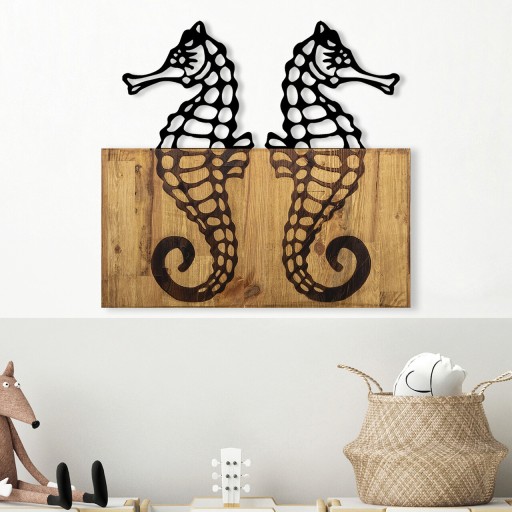 Decoratiune de perete, Seahorse, Metal/lemn, Dimensiune: 58 x 3 x 53 cm, Nuc / Negru