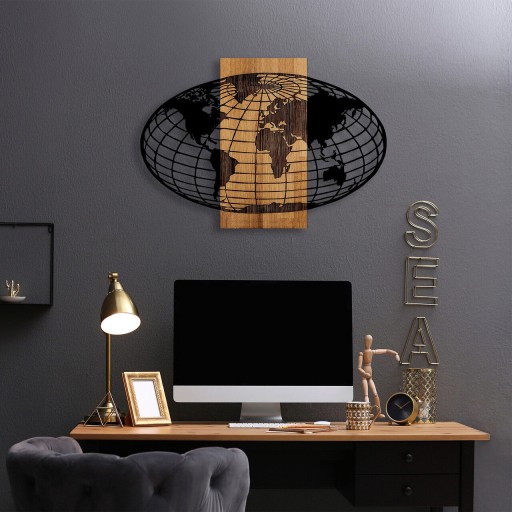 Decoratiune de perete, Wold Map, 50% lemn/50% metal, Dimensiune: 87 x 3 x 58 cm, Nuc negru