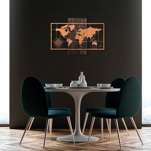 Decoratiune de perete, World Map Wıth Compass, 50% lemn/50% metal, Dimensiune: 85 x 58 cm, Nuc / Cupru