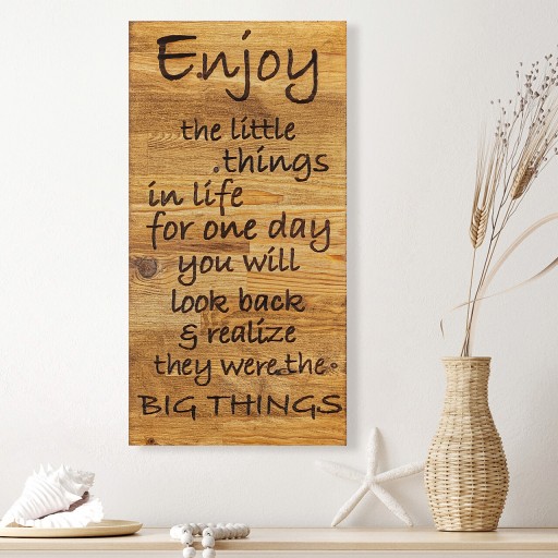 Decoratiune de perete, Enjoy The Little Things, Lemn, Dimensiune: 30 x 3 x 58 cm, Nuc / Negru