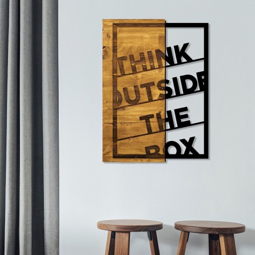 Decoratiune de perete, Think Outside The Box, 50% lemn/50% metal, Dimensiune: 42 x 58 cm, Nuc / Negru