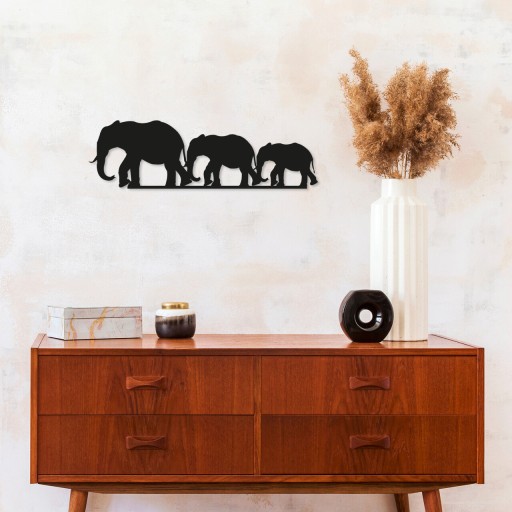 Decoratiune de perete, Elephants, Metal, Dimensiune: 15 x 50 cm, Negru