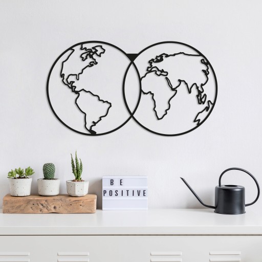 Decoratiune de perete, World Map, Metal, Dimensiune: 60 x 34 cm, Negru