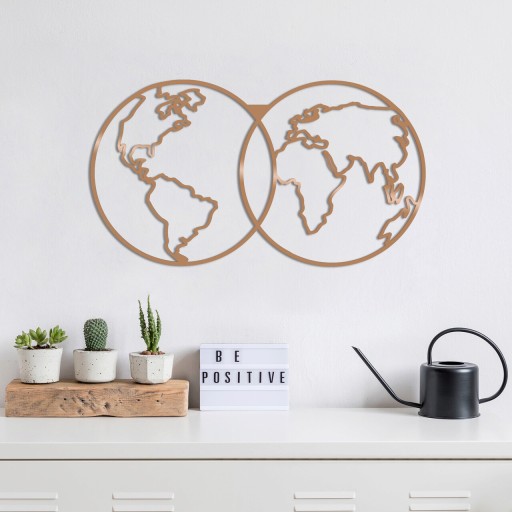 Decoratiune de perete, World Map, Metal, Dimensiune: 60 x 34 cm, Cupru