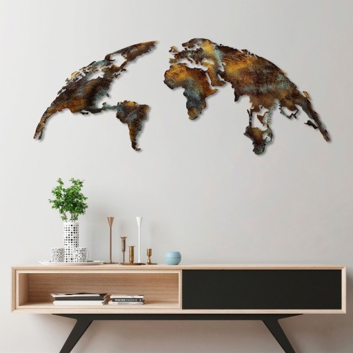 Decoratiune de perete, World Map Medium, Metal, 150 x 59 cm, Multicolor