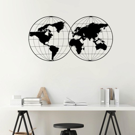 Decoratiune de perete, World Map 18, Metal, Dimensiune: 113 x 60 cm, Negru