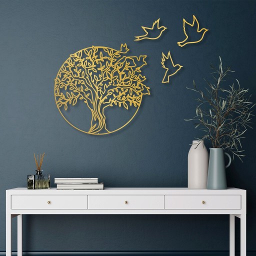 Decoratiune de perete, Tree And Birds 4, Metal, Dimensiune: 61 x 56 cm, Auriu