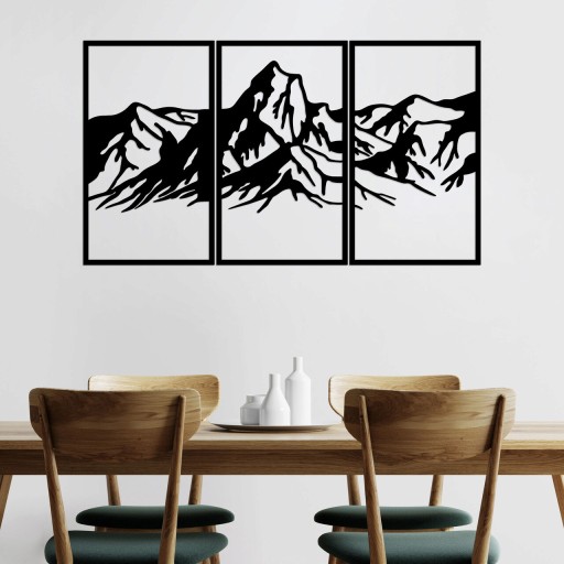 Decoratiune de perete, Mountain 4, Metal, 42 x 72 cm, 3 piese, Negru