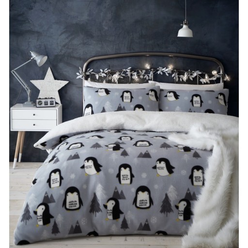 Lenjerie de pat din fleece gri 200x135 cm Cosy Penguin - Catherine Lansfield