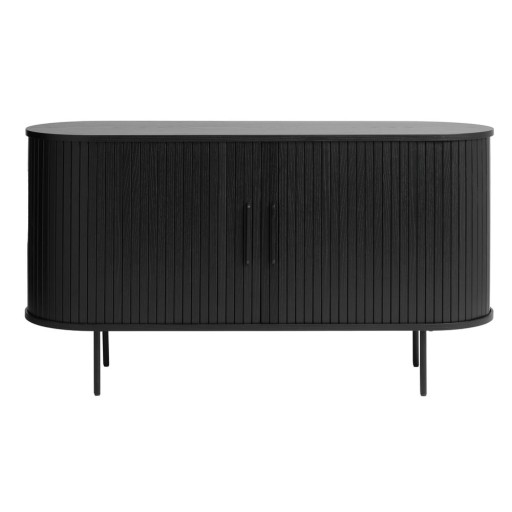 Comodă neagră joasă cu aspect de lemn de stejar cu ușă glisantă 140x76 cm Nola – Unique Furniture