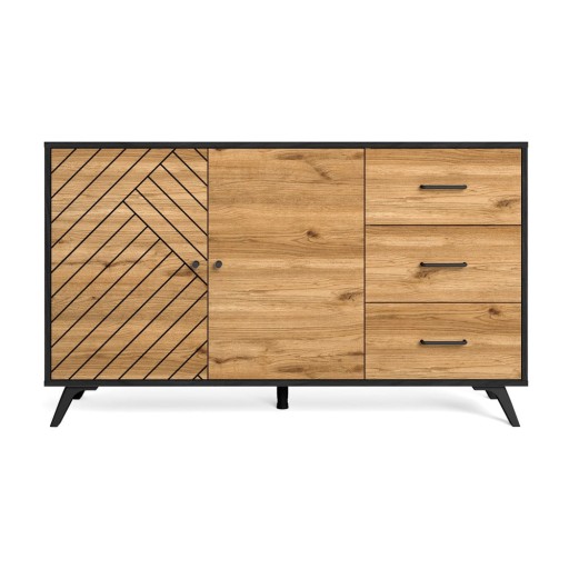 Comodă negru/natural joasă cu aspect de lemn de stejar 136x81 cm Zebra – Marckeric