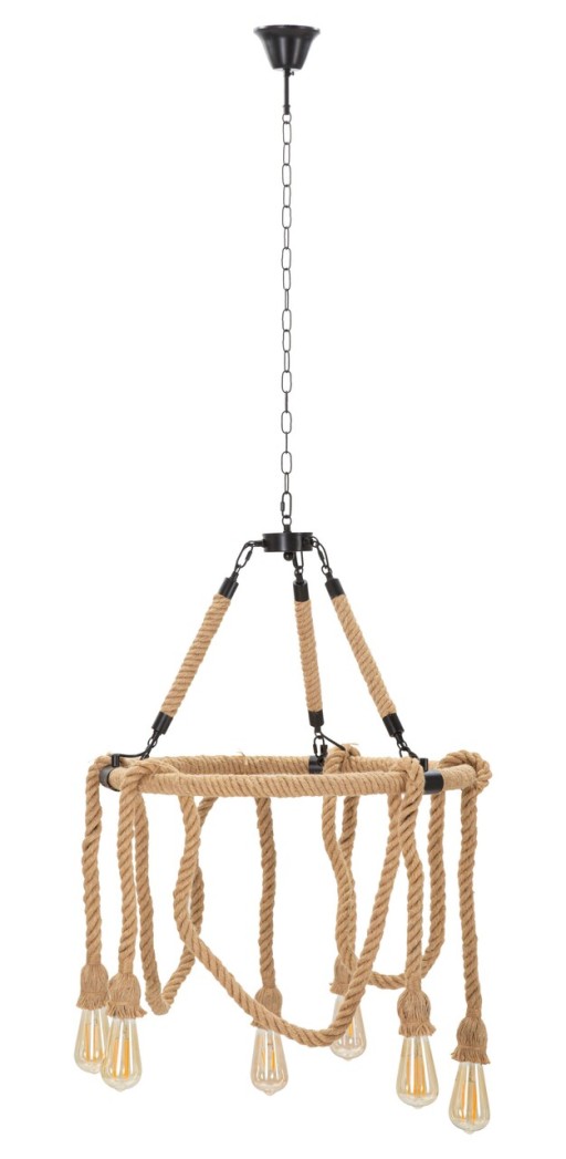 Lustra Rope Circle, Mauro Ferretti, Ø64 x 90 cm, 6 x E27, 20W, fier/sfoara, maro/negru