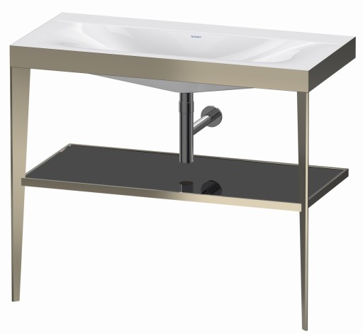 Set mobilier Duravit XViu cu lavoar 100cm fara orificiu baterie consola metalica champagne mat si raft de sticla negru lucios