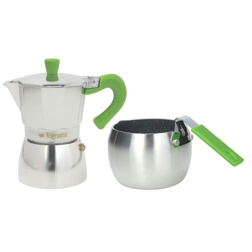 Set cafetiera si fierbator lapte Grancucina, Tognana, aluminiu, argintiu/verde