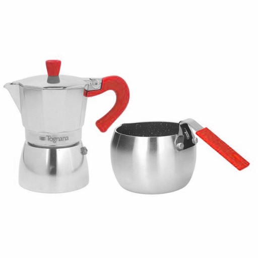 Set cafetiera si fierbator lapte Grancucina, Tognana, aluminiu, argintiu/rosu