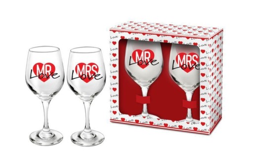 Set 2 pahare vin Mrs + Mr Love, Bg-Tech, 220 ml, sticla