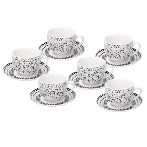 Set 6 cesti de ceai cu farfurie Zenit, Tognana, 260 ml, ceramica, alb/negru