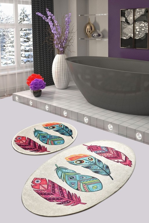 Set 2 covorase de baie Feather DJT, Chilai, 50x60 cm/60x100 cm, multicolor