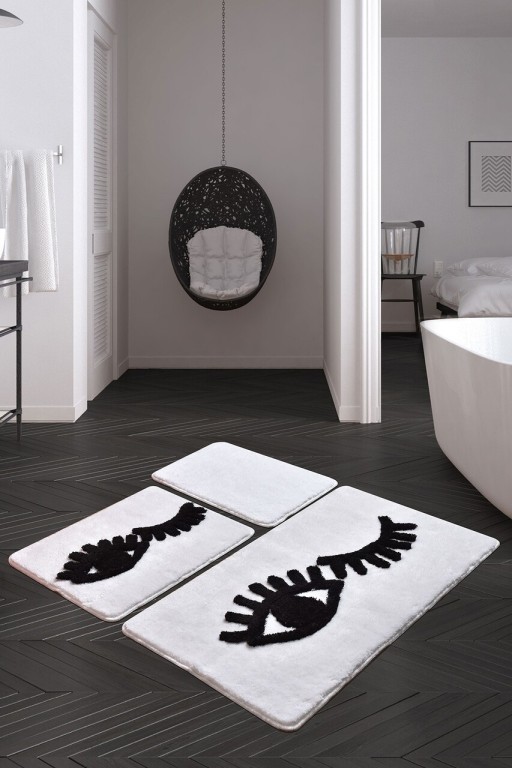 Set 3 covorase de baie Big Eyes, Chilai, 40x60 cm/50x60 cm/60x100 cm, alb/negru