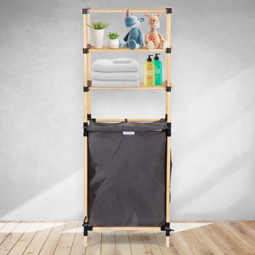 Organizator multifunctional cu cos pentru depozitare, Seowood, 141 x 56 x 28 cm, lemn solid/textil, natur/gri