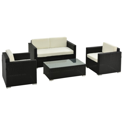 Outsunny Set Mobilier pentru Grădină 4 Piese din Rattan și Oțel Canapea Fotolii și Masă de Cafea Design Modern Crem | Aosom Romania