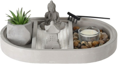 Suport pentru lumanari Buddha zen garden oval, 25x17x9 cm, ciment, gri