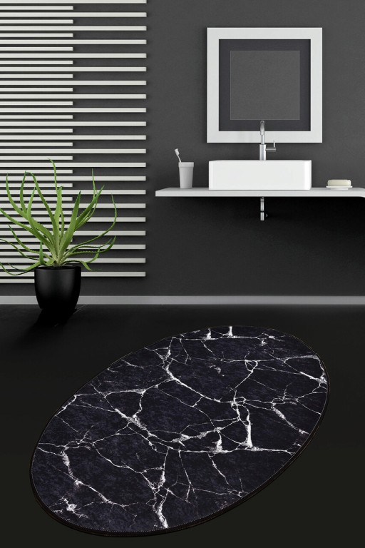 Covoras de baie, Chilai, Marble DJT, 80x120 cm, Catifea, Negru / Bleumarin / Alb