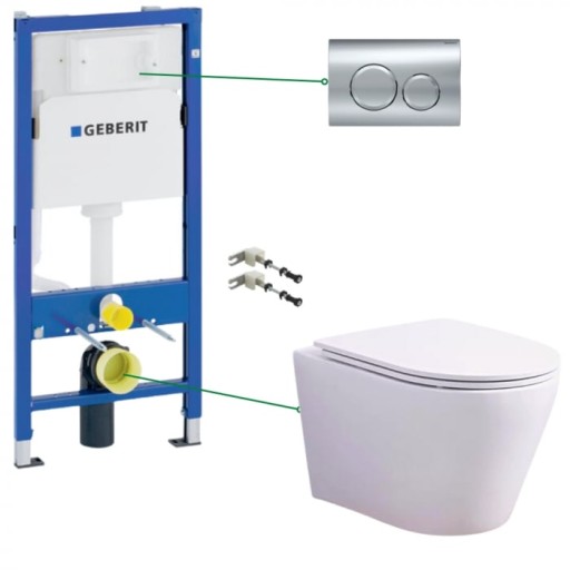 Set vas wc suspendat rimless cu capac soft close Oslo, rezervor incastrat si clapeta crom Geberit